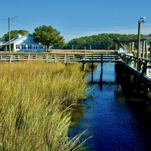 Lush Autumn grasses reaching across vivid blue water at the docks alongside the Calabash River in North Carolina